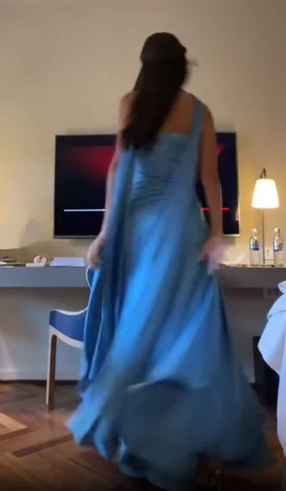 Elegantes, trägerloses, blaues A-Linien-Abendkleid, langes Kleid AB1551