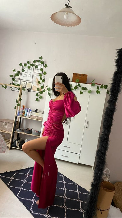 Modest Mermaid Spaghetti Strap Hot Pink Satin Slit Prom Dresses Sleeveless Long Formal Party Gown AB340
