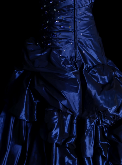 Vintage Ballkleid, trägerlos, marineblau, Satin, langes Abendkleid für Abschlussball, Abiball, Kostüme N035