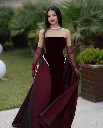 Burgundy Prom Dresses Inspiration Ball Gown Strapless Velvet Evening Gown Long Gala Formal Dress RC1490