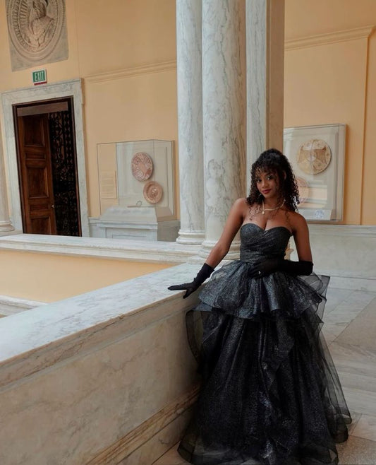 Schwarzes, trägerloses Ballkleid für den Abschlussball, modisches Abendkleid für schwarze Mädchen, langes, paillettenbesetztes, formelles Partykleid N792