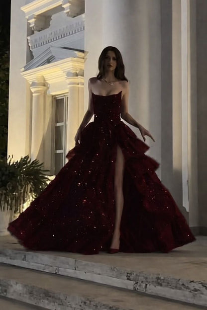 Funkelndes, trägerloses schwarzes Ballkleid mit Schlitz, Pailletten, langes formelles Partykleid N794