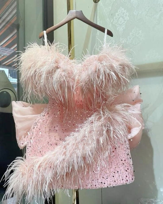 Glitter Sheath Off The Shoulder Pink With Feathers Sequin Homecoming Dresses Party Outfit Birthday Dress Cocktail Outfits RB6259
