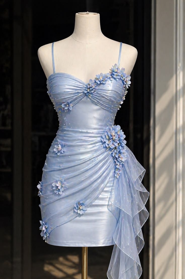 Pretty Sheath Spaghetti Strap Blue Mini Homecoming Dress Inspo Short Graduation Dresses RB6868