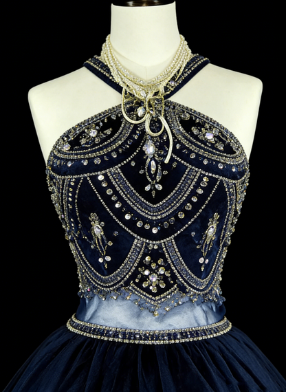 Robe de bal vintage années 70, col montant, tulle bleu marine orné de perles, sans manches, robe de soirée longue et élégante N1485