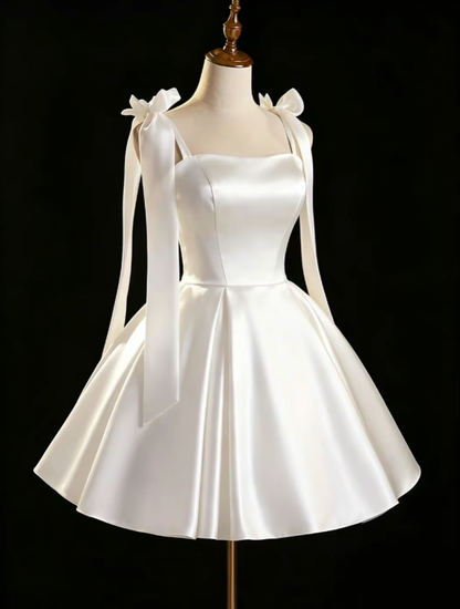 Cute Ball Gown Spaghetti Strap White Satin Mini High School Ideas Homecoming Dress Inspo Short Birthday Dresses Senior Graduation Outfits RB7176