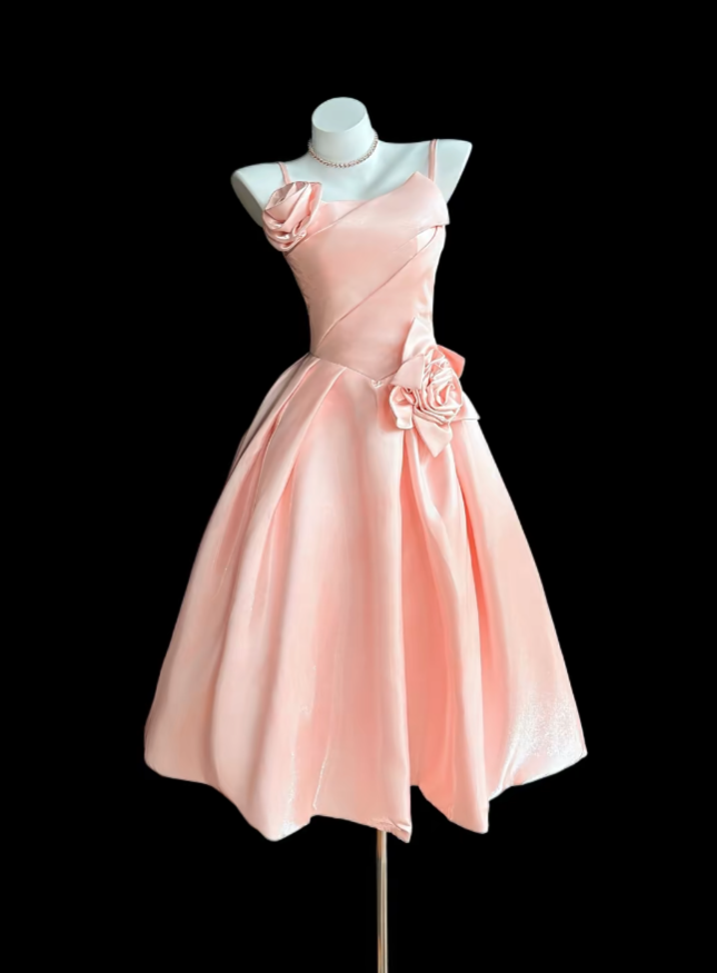 Pretty Ball Gown Spaghetti Straps Blush Pink Satin Party Homecoming Dresses High School Ideas Inspo 17th Birthday Outfits RB7352