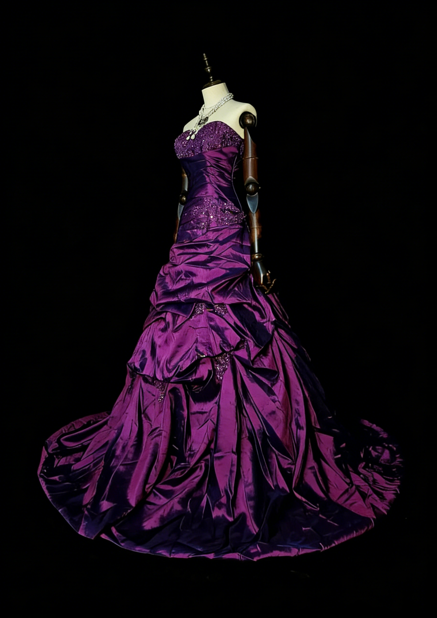 Robe de bal vintage années 1760, bustier cœur violet avec satin plissé, longue robe de bal N1599