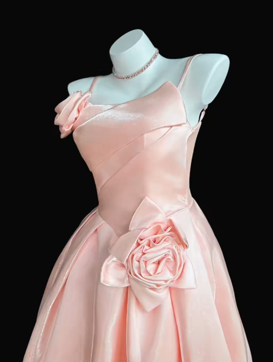 Pretty Ball Gown Spaghetti Straps Blush Pink Satin Party Homecoming Dresses High School Ideas Inspo 17th Birthday Outfits RB7352