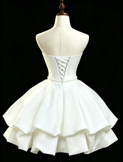 Unique Ball Gown Strapless Satin Little White Dress University Ideas Homecoming Dresses Inspo Short Hoco Court Gowns RB7177
