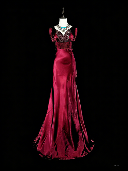 Robe de bal longue vintage sirène col V en satin bordeaux foncé ornée de perles, N1829