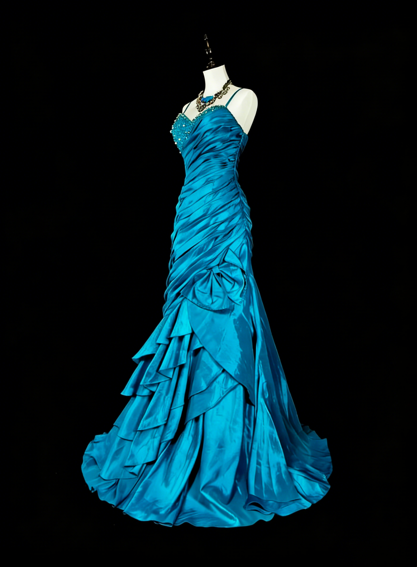 Robes de bal vintage sirène à fines bretelles bleues avec perles plissées années 1980 longue robe de soirée N2702