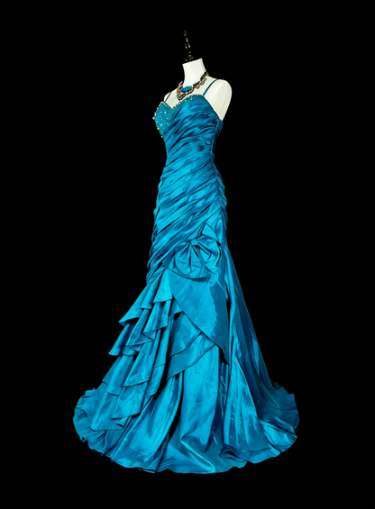 Robes de bal vintage sirène à fines bretelles bleues avec perles plissées années 1980 longue robe de soirée N2702