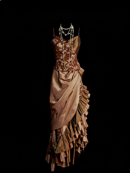 Robe de bal de fin d'année chic, asymétrique, en satin marron avec bretelles spaghetti et perles, modèle N1255
