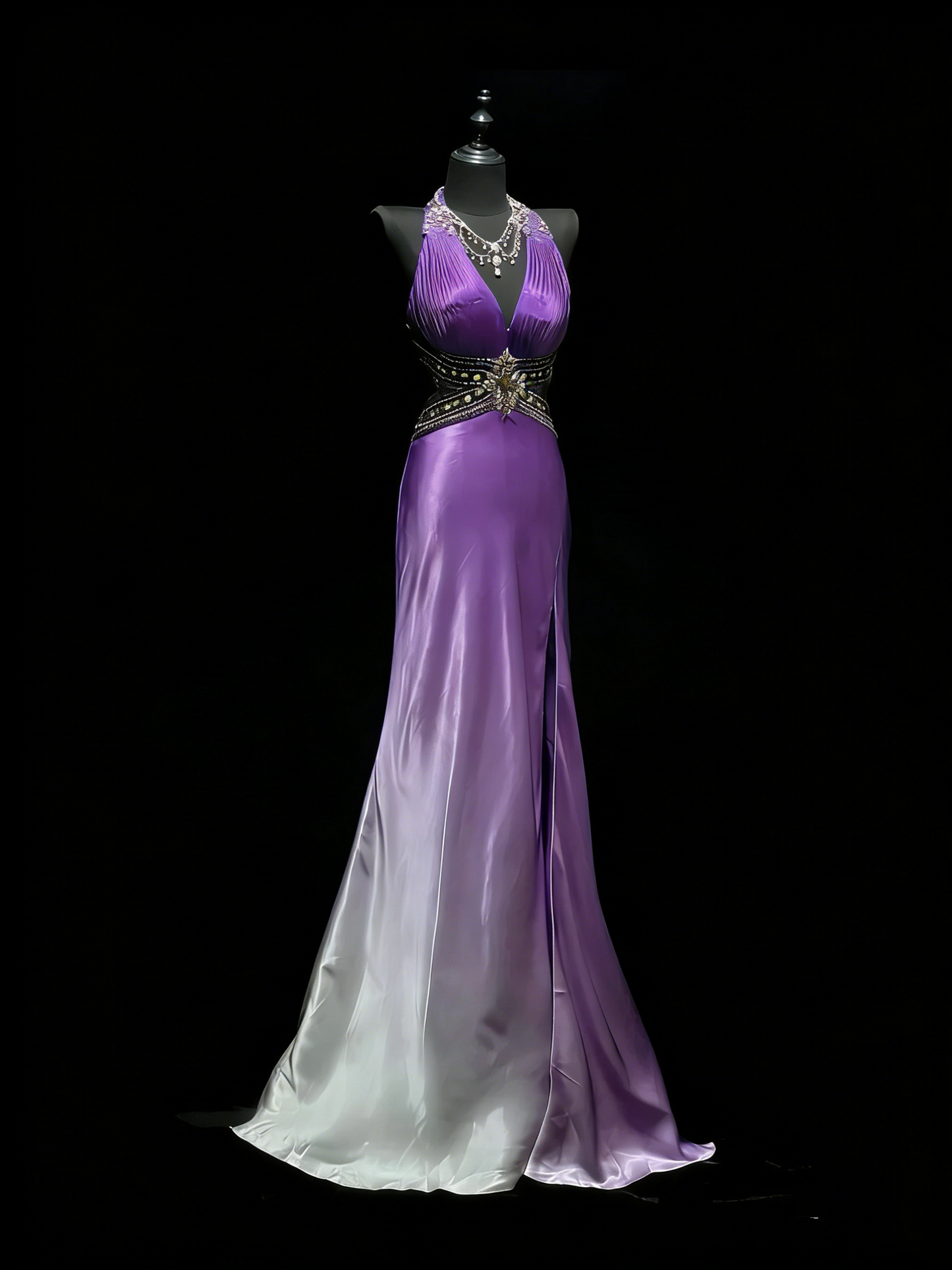 Modest Mermaid V Neck Grape White Ombre Slit College Formal Outfit Long Prom Graduation Dresses For Teens N1186