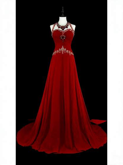 Robe de bal longue rouge vintage années 1760, coupe trapèze, dos nu, nœud papillon dans le dos, sans manches, plissée, N1587