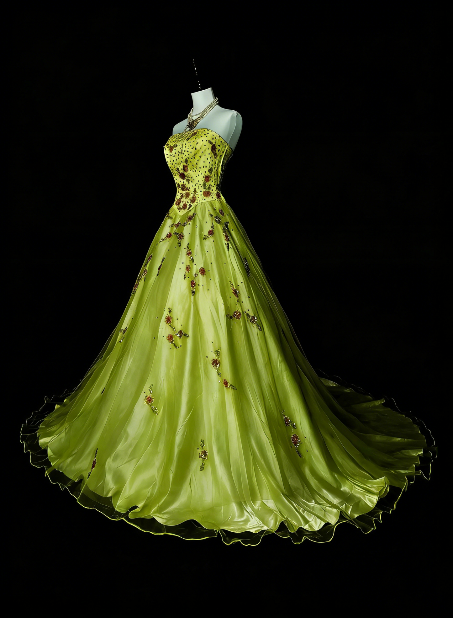 Robe de bal chic sans bretelles en tulle vert ornée de perles, longue, tenue de soirée pour les jeunes filles (N1379).
