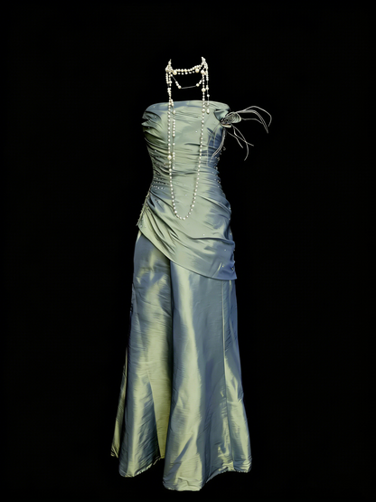 Robe de soirée sirène bustier en satin vert, style modeste, idéale pour les bals de fin d'année des adolescentes (N1147)
