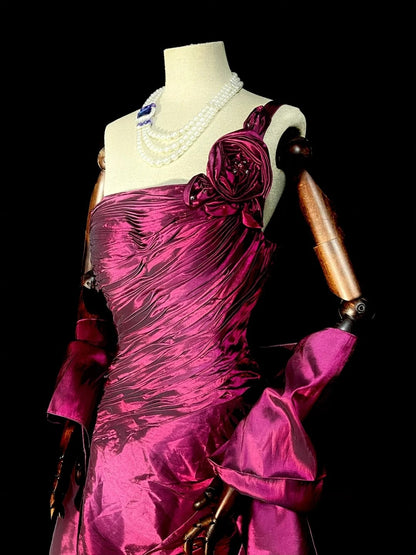 Vintage Mermaid One Shoulder 2000s Pink With Cape Senior Prom dresses High School Formal Dress N1294