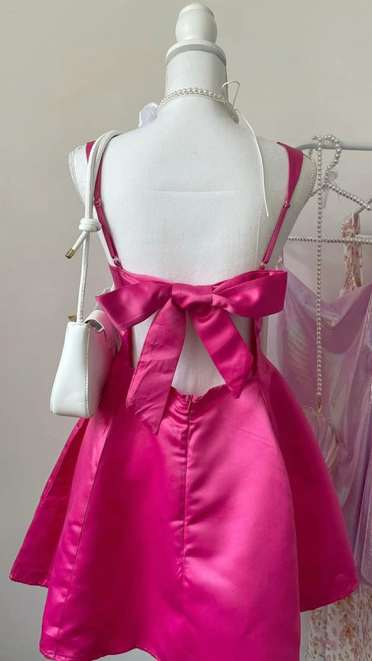 Elegantes, rückenfreies, kurzes Satin-Kleid in A-Linie mit Trägern, rosa, zum 16. Geburtstag, Hoco Dresses N1926