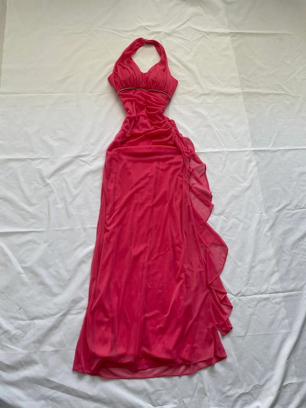 Vintage Meerjungfrauen-Halterkleid aus pinkfarbenem Chiffon mit Perlen, langes, formelles Abendkleid für Damen, Ballkleid zum 22. Geburtstag AB1309