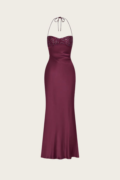 Sexy Meerjungfrauen-Neckholderkleid in Burgunderrot mit Perlenstickerei – Inspirierendes langes Abendkleid für festliche Anlässe AB1745