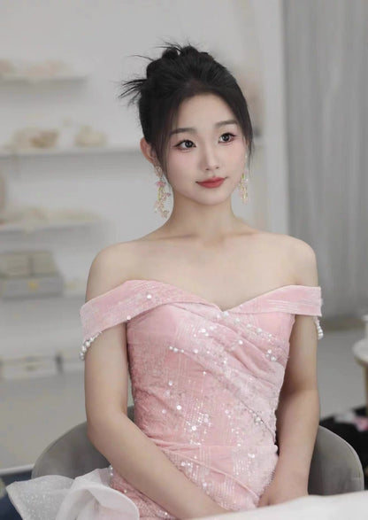 Elegantes Meerjungfrauen-Kleid, schulterfrei, Pink mit kurzen Ärmeln, formelles Kleid, Pailletten, Geburtstag, Abschlussballkleider N2816