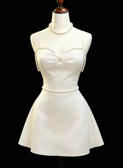 Cute A Line Spaghetti Strap White Satin Mini High School Ideas Homecoming Dress Inspo Short Birthday Dresses Senior Graduation Outfits RB7178