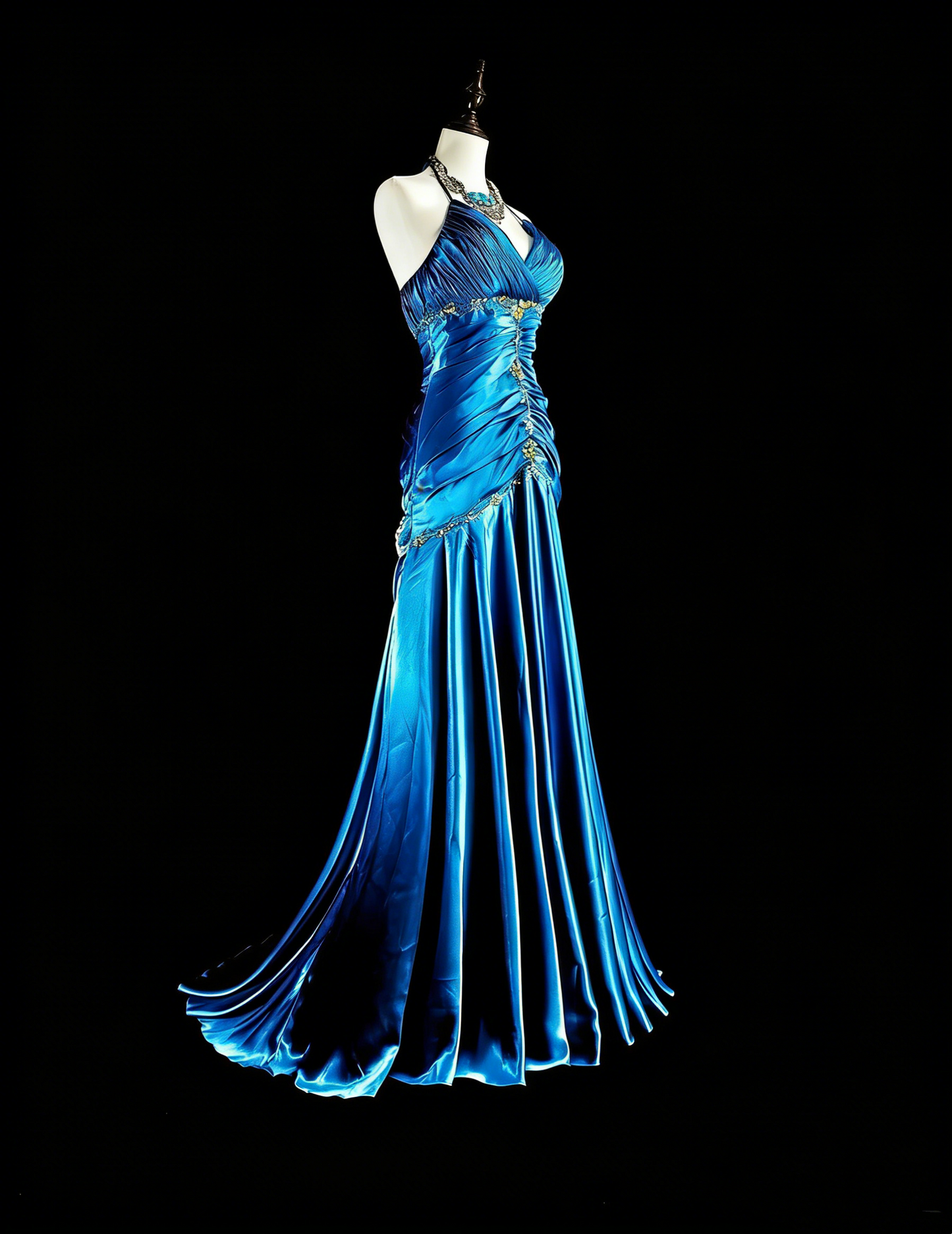 Vintage Meerjungfrau-Abschlussballkleid Neckholder Blau Satin mit Perlen Langes Abendkleid N2378