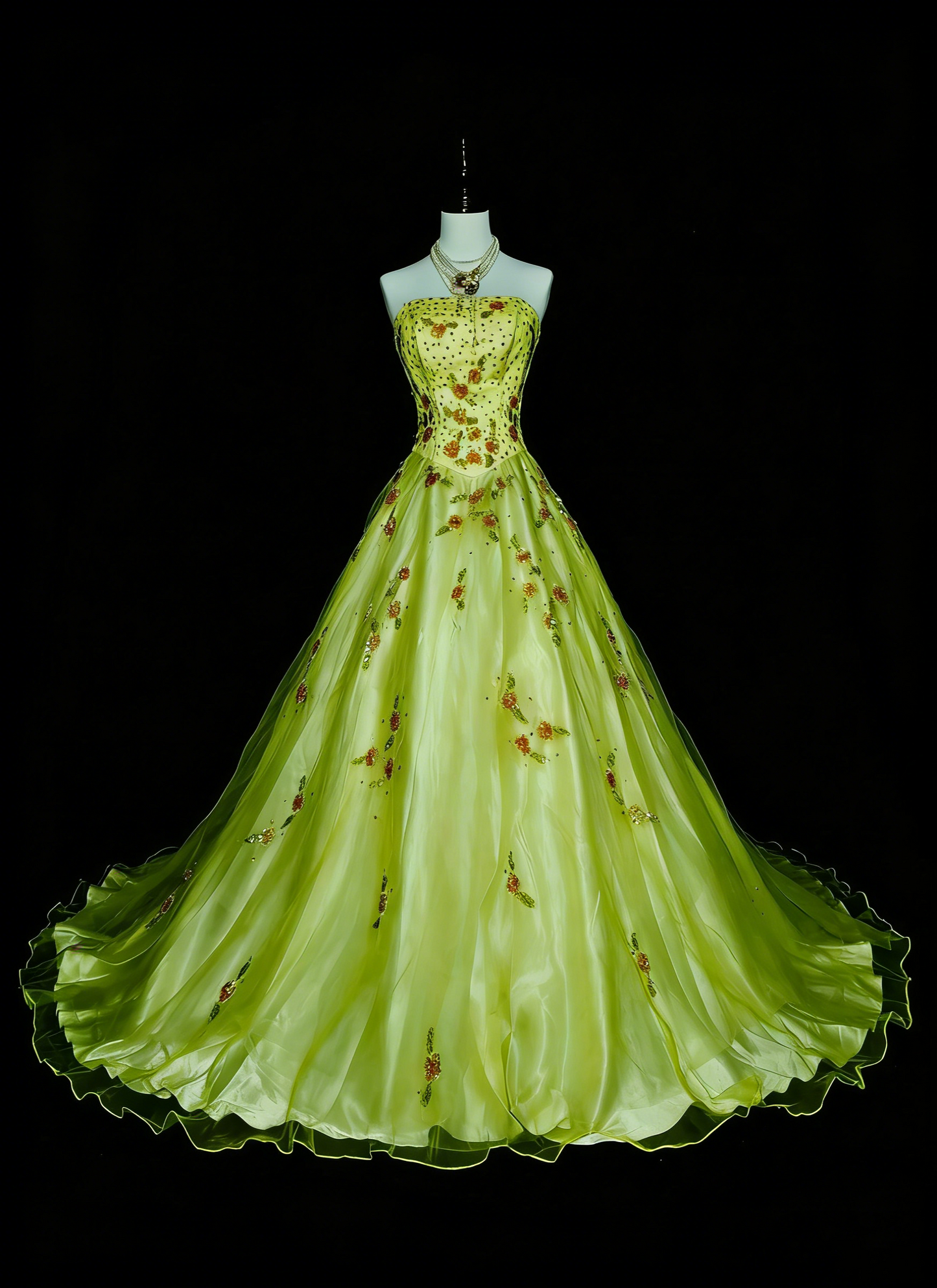 Robe de bal chic sans bretelles en tulle vert ornée de perles, longue, tenue de soirée pour les jeunes filles (N1379).