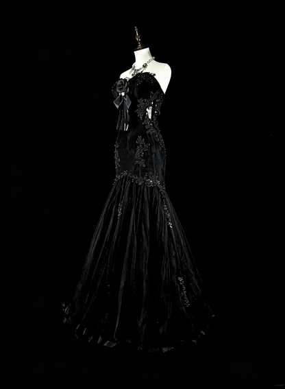Robes de bal vintage Esthétique sirène Coeur chérie Tulle noir avec appliqués Robe longue de soirée N2157