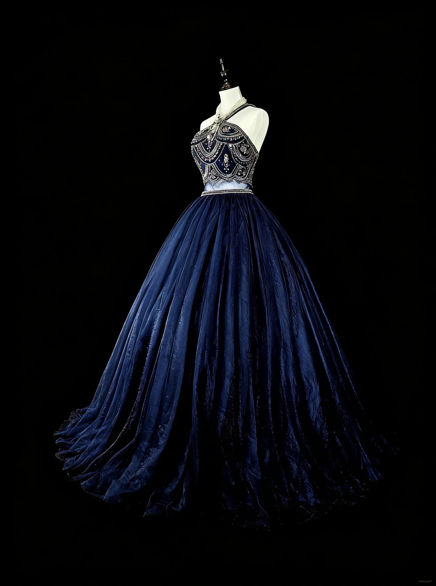 Robe de bal vintage années 70, col montant, tulle bleu marine orné de perles, sans manches, robe de soirée longue et élégante N1485