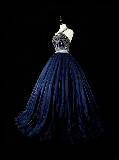 Robe de bal vintage années 70, col montant, tulle bleu marine orné de perles, sans manches, robe de soirée longue et élégante N1485