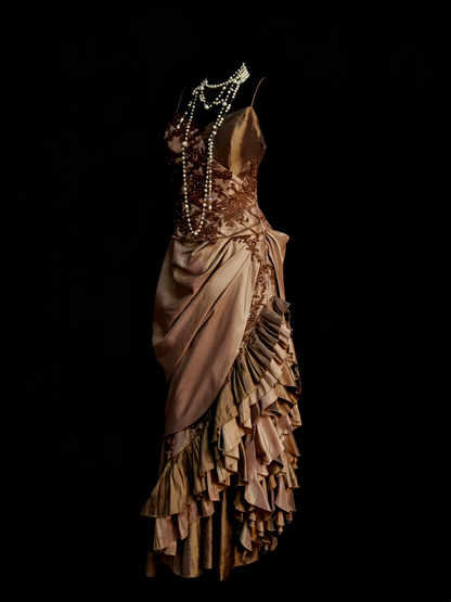 Robe de bal de fin d'année chic, asymétrique, en satin marron avec bretelles spaghetti et perles, modèle N1255