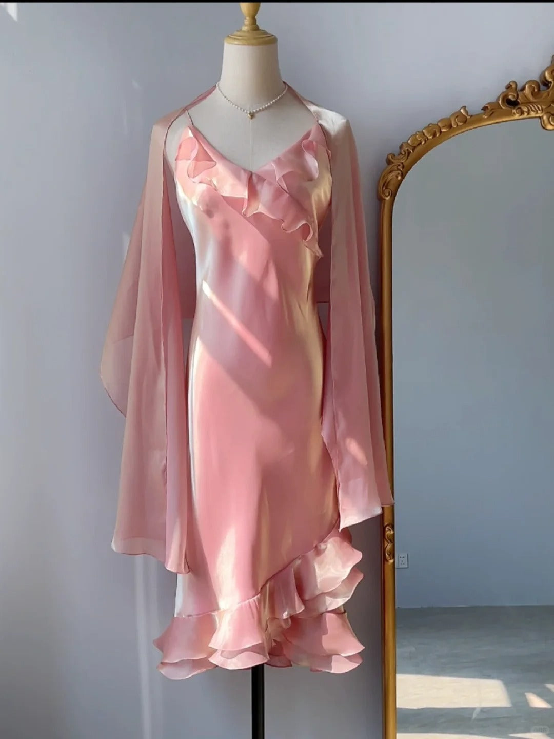 Simple Mermaid Spaghetti Strap Pink Tea Length Prom Dresses Formal Outfits RB3913
