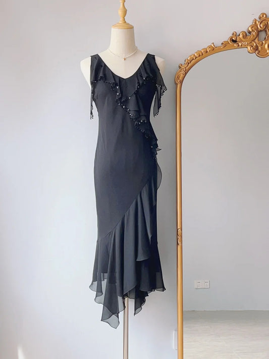 Vintage Sheath 80s Black Tie Dress Ankle Length With Ruffles Prom Dresses Formal Outfit RB3924