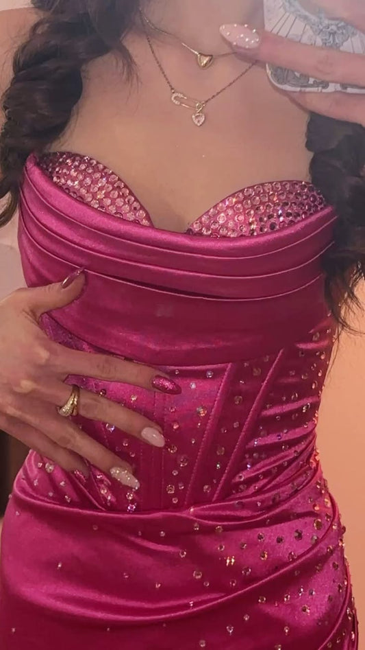 Sparkly Mermaid Sweetheart Hot Pink Satin Long Prom Dress Inspiration Party Senior Dance Formal Dresses RB8668