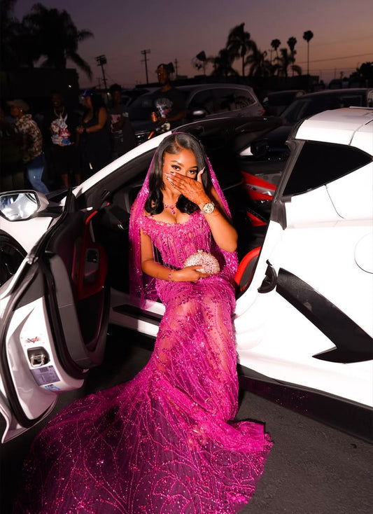 Sparkly Mermaid Strapless Hot Pink Sequin Long Prom Dress Inspiration Party For Black Girls Formal Dresses RB8670