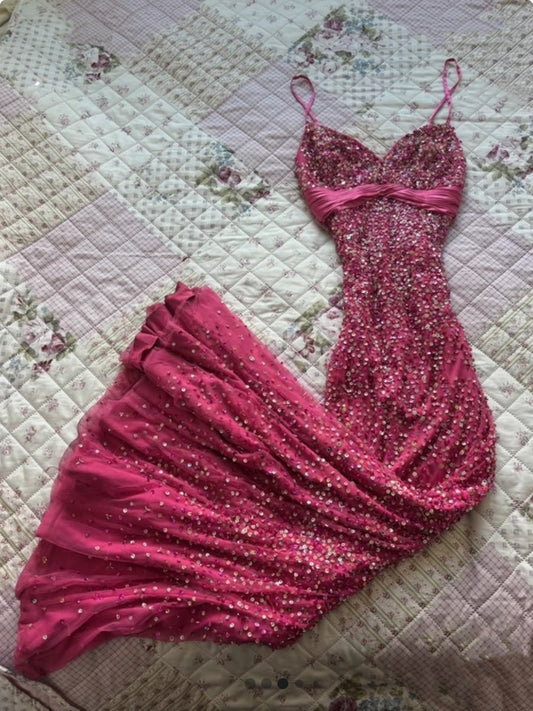 Modest Mermaid Spaghetti Straps Sequin Hot Pink Long Prom Dress Inspiration Party For Teens Girls Formal Dresses RB8677