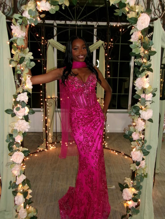 Sparkly Mermaid Sweetheart Hot Pink Sequin Long Prom Dress Inspiration With Scarf Party Senior Dance Formal Dresses RB8666