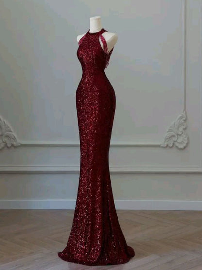 Funkelndes Pailletten-Meerjungfrauenkleid mit hohem Kragen, burgunderrot mit Pailletten und Perlen, Inspiration für Abendkleider für Damen, formelles Party- und Ballkleid AB1191