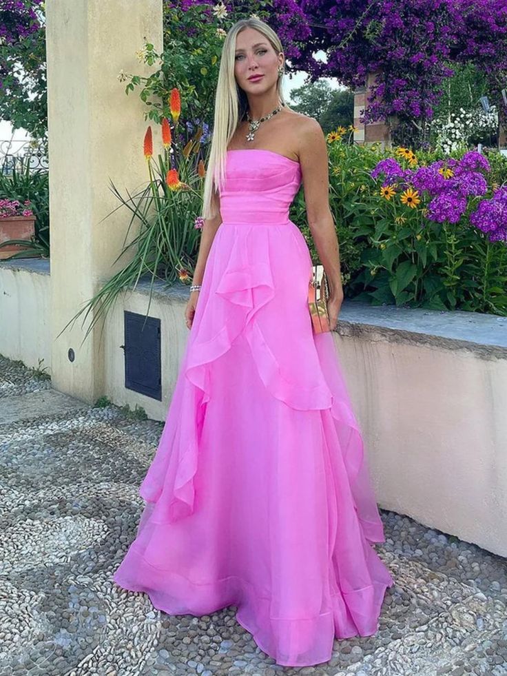 Wunderschönes, trägerloses, pinkfarbenes A-Linien-Abendkleid aus Organza, Modell AB397