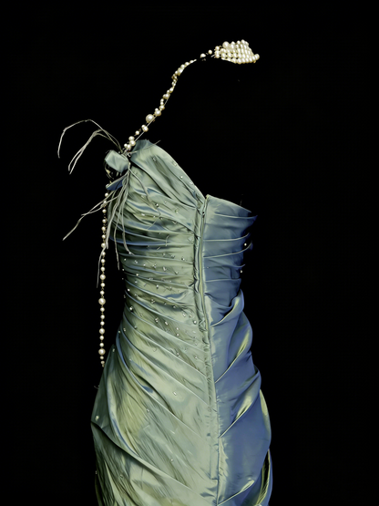 Robe de soirée sirène bustier en satin vert, style modeste, idéale pour les bals de fin d'année des adolescentes (N1147)