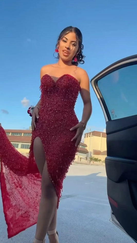Sparkle Mermaid Sweetheart Burgundy Sequins With Beads Slit Long Prom Dresses Formal Gown Inspo Evening Outfit AB791