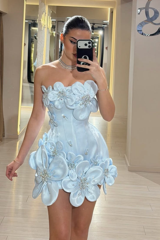 Charming Sky Blue Strapless Sleeveless Satin Homecoming Dresses Mini With Pearls Birthday Dresses Inspo RB6040