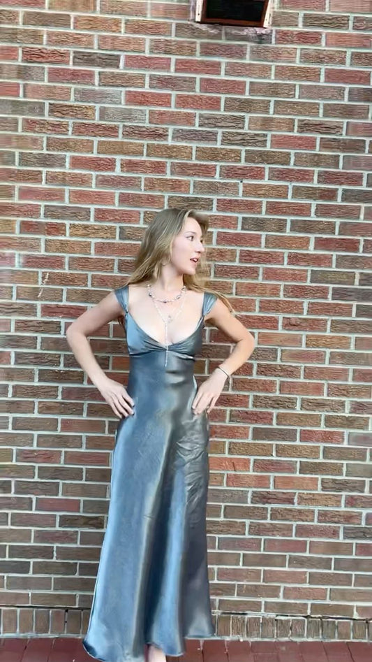 Vintage A-Linie Grau Mit V-Ausschnitt Satin Elegantes Abendkleid Ballkleider N2795