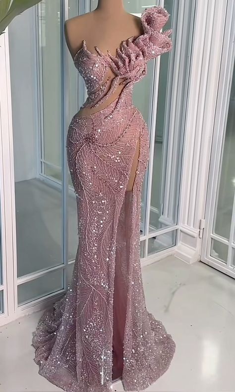 Glitter Mermaid One Shoulder Pink Sequin With Pleated Slit Long Prom Dresses Formal Gown Inspo Evening Outfit AB790