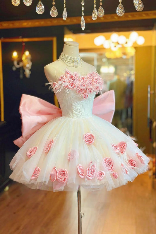 Modest Hoco Gown Homecoming Dresses Ball Gown Sweetheart Pink Tulle With Flowers Wear 17th Birthday Party Outfits RB6418