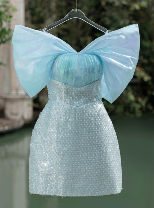 Simple A Line Off The Shoulder Blue Sequined Short Birthday Outfits Homecoming Dress Party Outfit RB6423