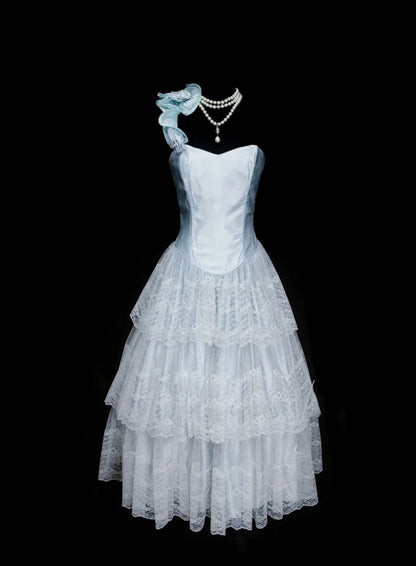 Robe de bal unique asymétrique en tulle bleu ciel clair, inspirée des robes de bal des années 2000, N1441